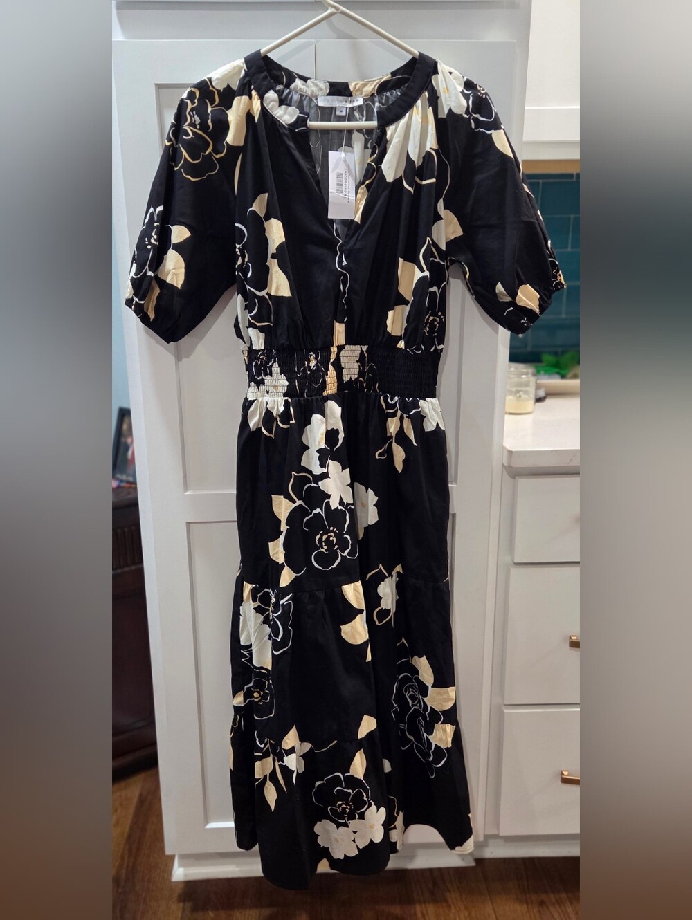 Baltic Born Black Midi Dress with Cream Floral Print